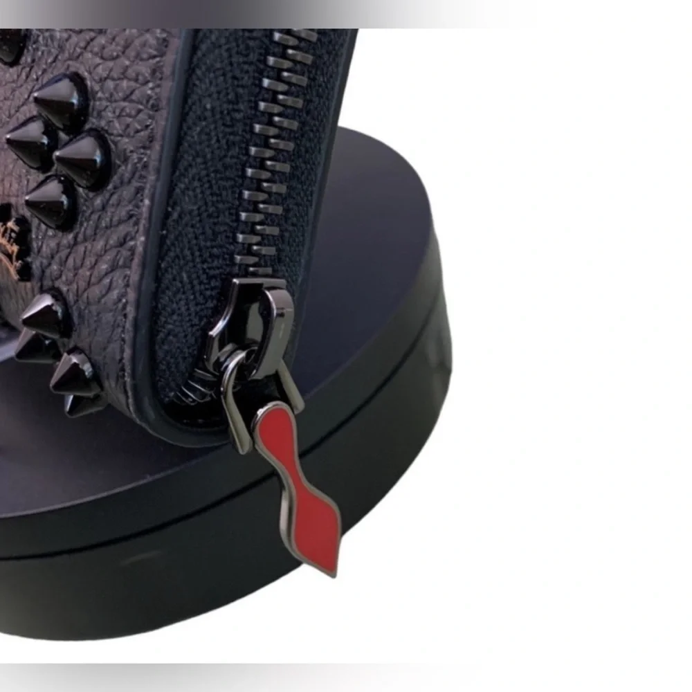 Like New Used Twice Christian Louboutin Black Studded Zip Wallet with Red Accent